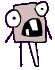 Six identical cartoon figures with square heads, large white eyes, and open mouths stand in two against a gray background