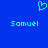 Blue background with cyan pixelated heart symbol above two instances of the name 'Samuel' in matching cyan text.