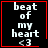 Four identical black square with red borders display white text 'beat of my heart <3' and a pixelated heart symbol