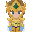Pixelated character with golden crown and green cross, blue cape, brown hair, closed eyes in some frames, yellow particle effects around hands.