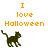 Pixelated orange text "I love Halloween" above a black cat icon on white background, with visible animation change in the cat's position.