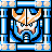 Pixelated icon of a symmetrical blue and white mechanical face with orange accents, framed by geometric patterns.