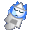 Pixelated character with blue hair and gray body shifts pose , showing head and body movement