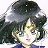 Pixelated anime-style character with dark green hair, yellow star-shaped accessory, and purple clothing against white background.