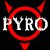 Red circular symbol with devil horns and tail on black background, overlaid with white pixelated text "PYRO".