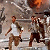 Two pixelated figures in motion, one in white shirt and brown pants, the other in dark clothing, against a blurred background with orange and brown tones.