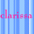 Pixelated pink text 'clarissa' on blue striped background with gray , animated transition showing repeated text elements