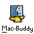 Pixelated static icon of a yellow stick figure holding a blue and white computer monitor with a split face design, below which is the text 'Mac-Buddy' in pixelated font.