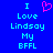 Blue background with cyan pixelated text reading 'I Love Lindsay My BFFL' and a pink heart symbol replacing the 'O' in 'Love' on the left side.