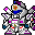 Pixelated mecha character with purple, white, blue, and pink accents holding a large pink shield in sequential animation frames.