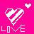 Pixelated white heart with diagonal stripes and smaller heart above, over pink background with 'LOVE' text below.