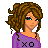 Pixel art character with brown curly hair wearing a purple one-shoulder top and black mini-skirt, shown in multiple views including full-body, torso, legs, and head.
