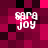 Pixelated text 'SARA JOY' appears in four positions on a magenta and black checkered background with animated color shifts.
