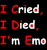 Static pixel art displays three lines of text on a black background with red and white lettering.