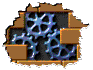 Four -aligned animated frames show blue gear-like shapes rotating within a brown, torn-edge border against dark background