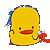 Animated yellow duck with blue polka-dot nightcap holds red-and-white object, head turns left to right
