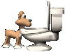 Animated sequence of a cartoon dog interacting with a white toilet, showing sequential changes in the dog's posture and head position relative to the toilet.