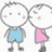 Two cartoon figures stand side-by-side; one wears blue shorts, the other pink dress with a white collar.