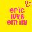 Yellow background with pink pixelated text 'eric', 'loves', 'emily' and a pink heart symbol above the text, with a second identical frame showing the heart symbol removed.