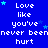 Blue background with repeated white text 'Love like you've never been hurt' and scattered light blue stars, static image.