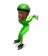 Animated green-skating figure in a full-body suit with yellow stripes, helmet, and skates performing sequential skating poses against white background.