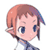 Pixelated anime-style character head with short brown hair and blue eyes, wearing a white top with dark collar, static single-frame image on transparent background.