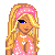 Pixel art contact sheet showing three frames of a blonde female character in pink polka-dot attire with visible text "3 dumb wordsbronde" below the images.