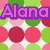 Pixelated icon with colorful polka dots and text reading "Alana is AWESOME!" in purple, green, and blue.