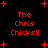 Red pixelated text "The Chris Chicks!!" repeats across a black background with scattered red plus signs, forming a -like pattern of identical phrases and symbols