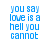 Blue pixelated text on white background with gray rectangle in bottom right corner, displaying four distinct phrases arranged in a