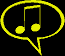 Yellow speech bubbles with musical notes and pause symbols on black background, animated in sequence.