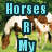 Pixelated image of two brown and white horses grazing in a grassy field with green foliage background, overlaid with cyan text reading 'Horses Are My Life'.
