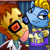 Pixelated image of two cartoon characters: a yellow creature with orange hair and a blue creature with a single eye, both facing right against a striped background.