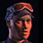 Pixelated profile view of a person wearing a dark cap with a light stripe, set against a dark background with warm-toned lighting on the face.