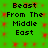 Green background with red pixelated patterns and repeated black text reading "Beast From The Middle East" in two vertical
