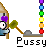 Pixel art animation of a character with white eyes and blue clothing holding a green mallet, interacting with a rainbow bead chain on a gray background.