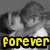 Pixelated grayscale image of a person with dark hair and light clothing, overlaid by bold yellow text reading 'forever' on a black background.
