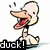 Pixelated cartoon duck with open beak and red tongue, then covering eyes; real goose on grass with text overlays.