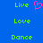Blue background with green text and a pink heart symbol arranged in three