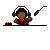 Pixel art animation of a figure with headphones and a microphone, wearing red and black clothing, against a gray background with text at the bottom.