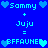Blue background with pixelated cyan text and heart symbols arranged in two identical vertical sections showing 'Sammy + Juju = BFFAUNED' patterns.