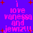 Pixelated text on purple background with red stars, displaying 'i love vanessa and jewiz!!' in pink letters with varying punctuation across four