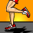 Pixelated figure in red cap and checkered sneakers performs a high kick against orange-yellow gradient background with dark floor shadow.