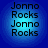 Four identical circular blue icons with text "Jonna Rocks" repeated in black pixelated font on a gradient background.