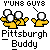 Pixelated yellow figures with white heads in two poses, displayed in a with text labels and phrases above and below