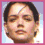 Four pixelated show a person with dark hair in different poses against light backgrounds, framed by pink borders