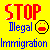 Yellow background with red 'STOP' text, blue 'Illegal Immigration' text, and a pixelated face icon showing open mouth.