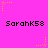 Pixelated pink background with repeated black text 'SarahK58' and yellow/orange star-shaped animations in corners.
