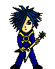 Pixelated character with spiky blue hair, yellow-accented blue outfit, and white electric guitar against gray background.