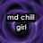 Purple swirling background with black text boxes reading 'md chill' and 'girl' on the left side, transitioning to a plain gray area on the right.